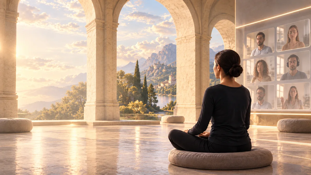 Illustration : une personne assise sur un coussin, face à un paysage lumineux et à des écrans de visioconférence.